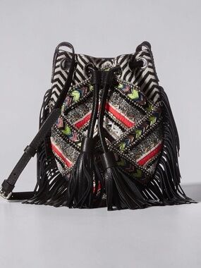 NWT Rebecca Minkoff Wonder Canvas Leather Fringe Beaded Crossbody Bag